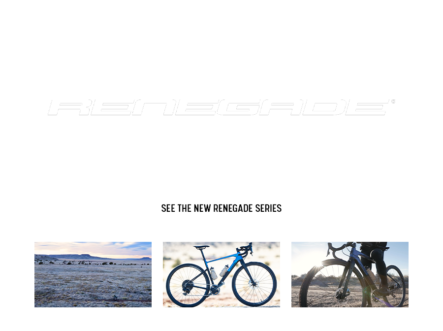 Overlay text for New Renegade Series. Images show are field wiht bike rider riding bikes, side view of new Jamis Renegade C1, sunset three quarters view of rider riding new Renegade C1.